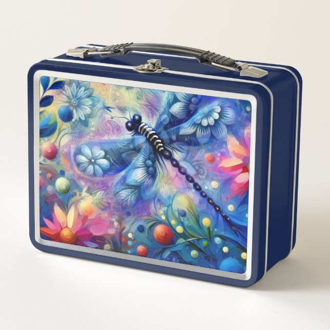 Whimsischer Abstrakter Libellenfliege Aquamarin Bl Metall Brotdose (Vorderseite)