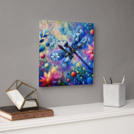 Whimsischer Abstrakter Libellenfliege Aquamarin Bl Quadratische Wanduhr