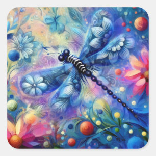 Whimsischer Abstrakter Libellenfliege Aquamarin Bl Quadratischer Aufkleber