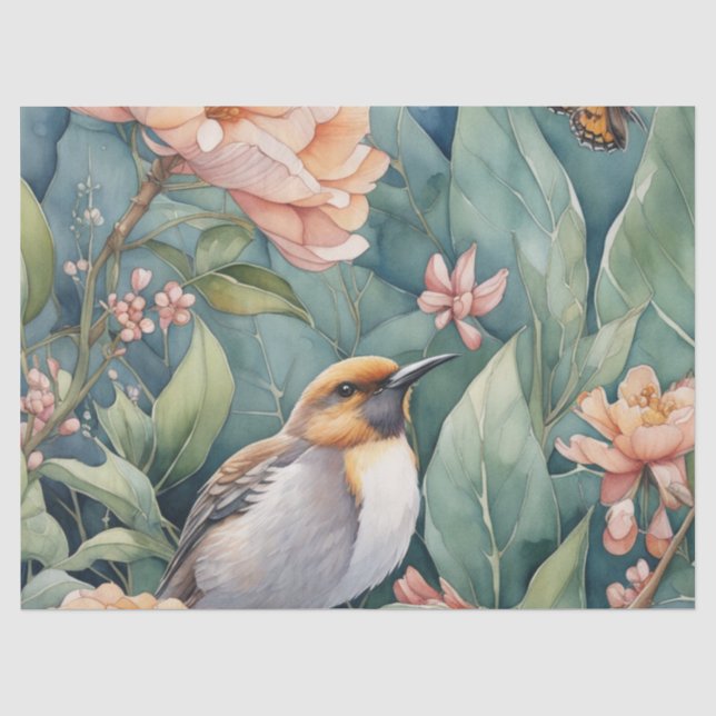 Whimsischer Aquarellgarten mit Single Bird Decou Seidenpapier (Vorderseite)