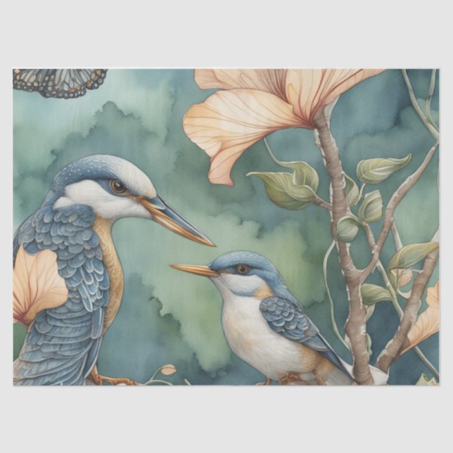 Whimsischer Aquarellgarten mit Vogeldekoupage Seidenpapier (Vorderseite)