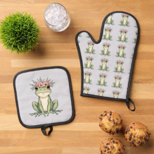 Whimsischer Blumenfrosch Kernkunst Ofenhandschuh & Topflappen-Set