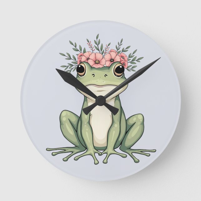 Whimsischer Blumenfrosch Kernkunst Runde Wanduhr (Vorderseite)
