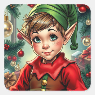 Whimsischer Cartoon-Elf   Weihnachten Quadratischer Aufkleber