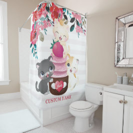 Whimsischer Cartoon Katzen Erdbeere Cupcake Duschvorhang