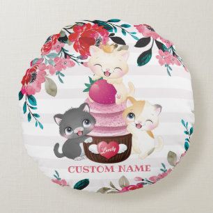 Whimsischer Cartoon Katzen Erdbeere Cupcake Rundes Kissen