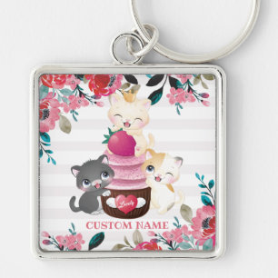 Whimsischer Cartoon Katzen Erdbeere Cupcake Schlüsselanhänger