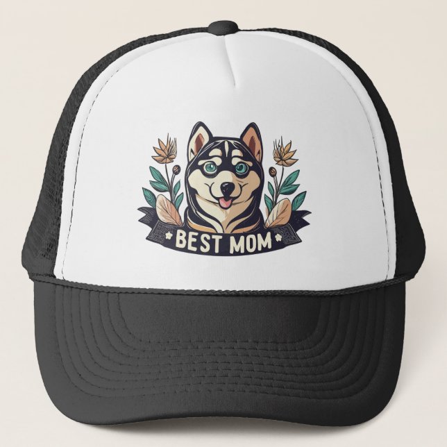 Whimsischer Cartoon Sibirische Husky Hund Mama Truckerkappe (Vorderseite)