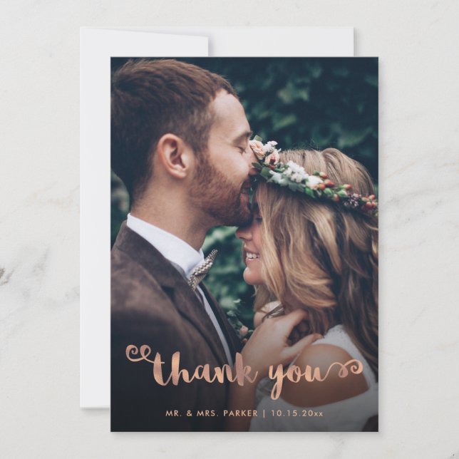Whimsischer Dank| Hochzeit Foto Rose Gold Script Dankeskarte (Vorderseite)