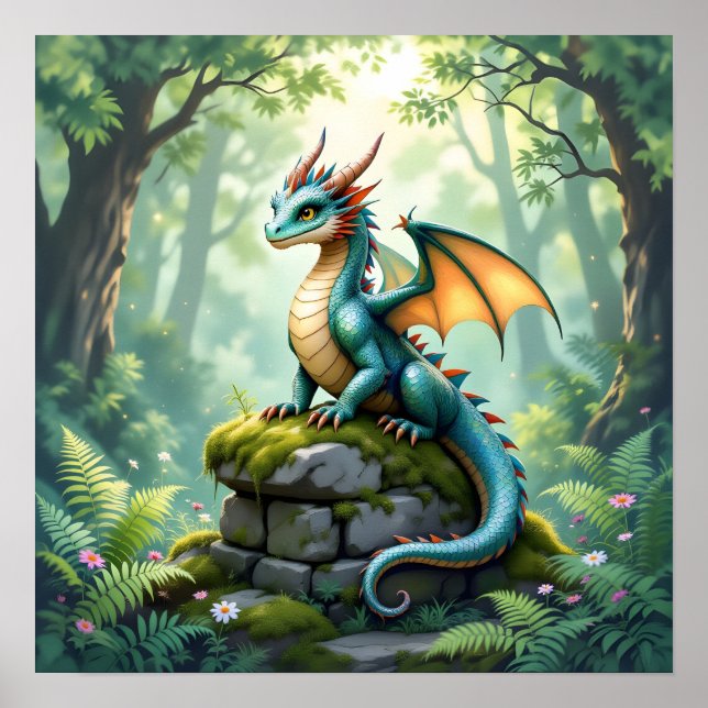 Whimsischer Drache auf antikem Stein Poster (Vorne)