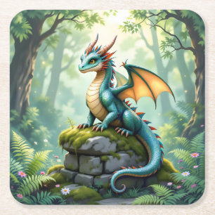 Whimsischer Drache auf antikem Stein Rechteckiger Pappuntersetzer