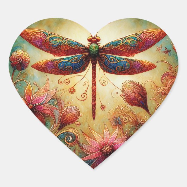 Whimsischer Drachenfliege Abstrakte Kunst Aquamari Herz-Aufkleber (Vorderseite)