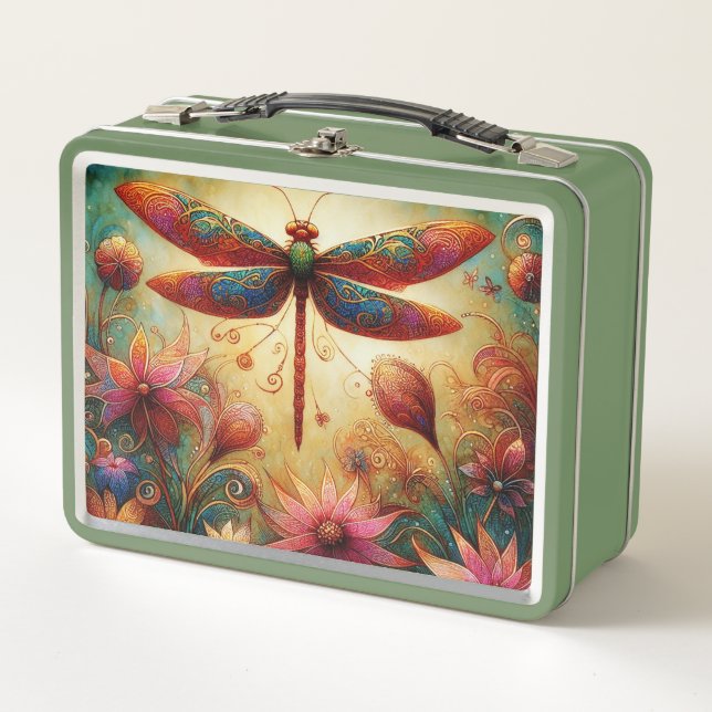 Whimsischer Drachenfliege Abstrakte Kunst Aquamari Metall Brotdose (Vorderseite)