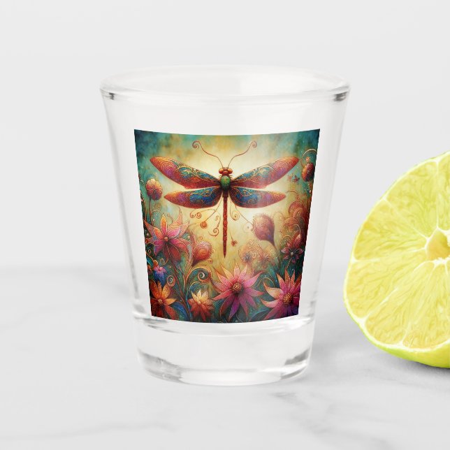 Whimsischer Drachenfliege Abstrakte Kunst Aquamari Schnapsglas (Vorderseite)