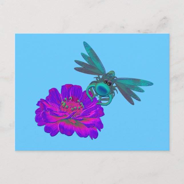 Whimsischer Dragonfly auf Blume Niedliche Postkart Postkarte (Vorderseite)