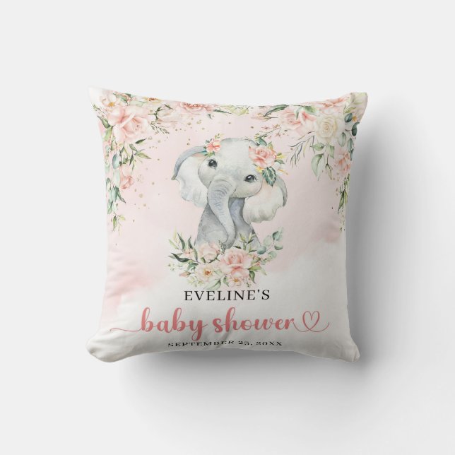 Whimsischer Elefant Blush Bloral Eukalyptus Kissen (Vorderseite)