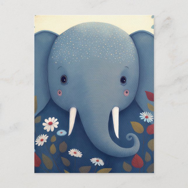 Whimsischer Elefant und Blume Postkarte (Vorderseite)