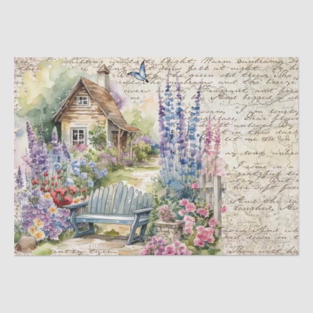 Whimsischer Englisch Hütte Garden Bench Alte Buchs Seidenpapier (Vorderseite)