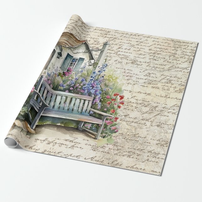 Whimsischer englischer Hütte Blumengarten Alter Bu Geschenkpapier (Ungerollt)