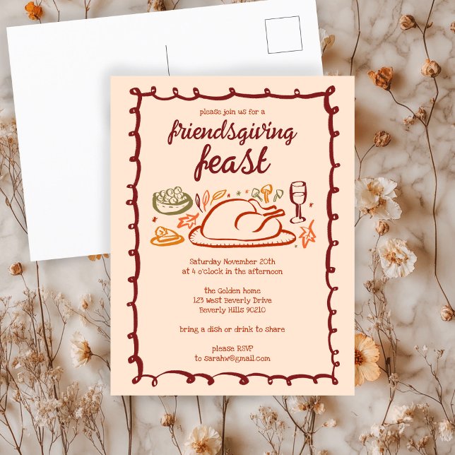 Whimsischer Erntedank Friendsgiving Dinner nach Ma Postkarte (Whimsical Thanksgiving Friendsgiving Dinner Custom Postcard
)