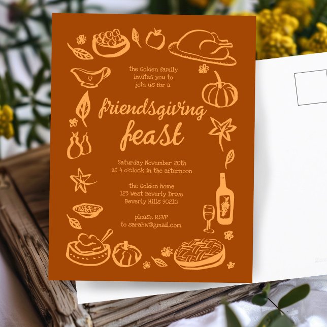 Whimsischer Erntedank Friendsgiving Dinner nach Ma Postkarte (Whimsical Thanksgiving Friendsgiving Dinner Custom Postcard
)