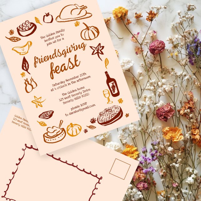 Whimsischer Erntedank Friendsgiving Dinner nach Ma Postkarte (Whimsical Thanksgiving Friendsgiving Dinner Custom Party Invitation Postcard
)