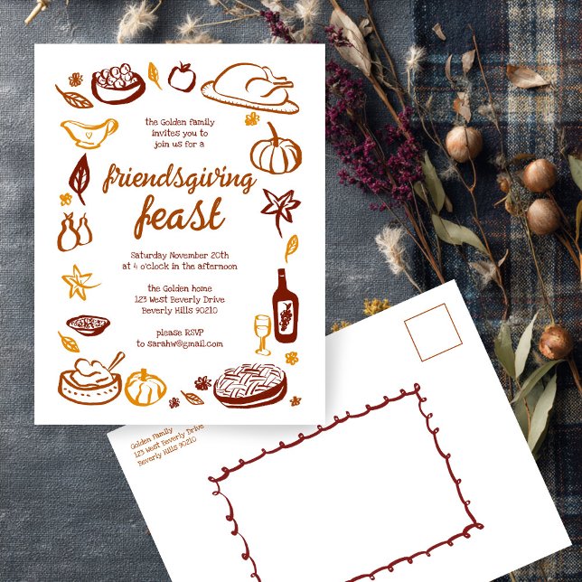 Whimsischer Erntedank Friendsgiving Dinner nach Ma Postkarte (Whimsical Thanksgiving Friendsgiving Dinner Custom Postcard Invitation
)