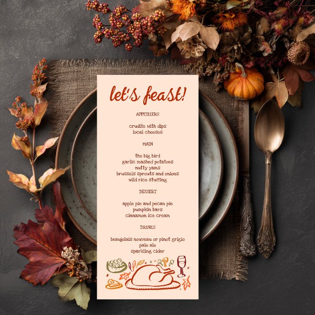 Whimsischer Erntedank Friendsgiving Ferienhaus CUS Menükarte (Whimsical Thanksgiving Friendsgiving Holiday CUSTOM Autumn Menu
)