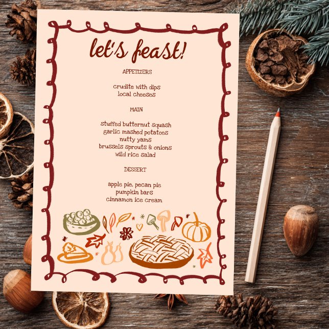 Whimsischer Erntedank Urlaub Vegetarier CUSTOM Menükarte (Whimsical Thanksgiving Holiday Vegetarian Vegan Doodle Sketch CUSTOM Menu
)