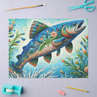 Whimsischer Floral Lachs Blauer Fisch Decoupage Seidenpapier