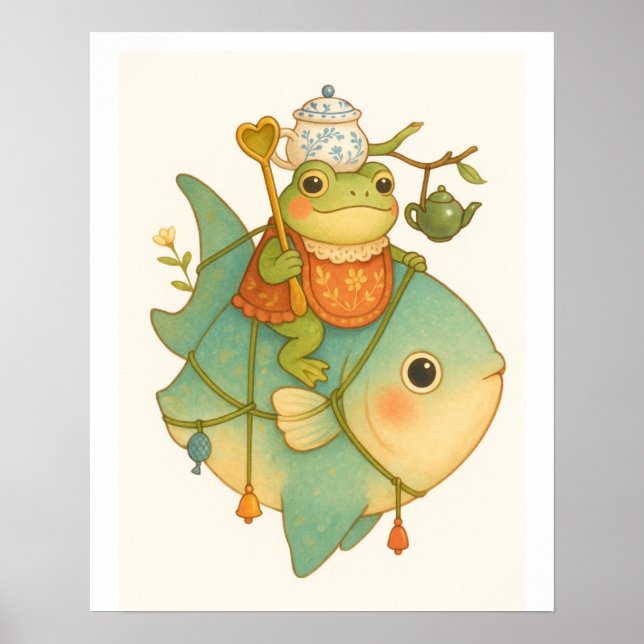 Whimsischer Frosch beim Fischen Poster (Vorne)