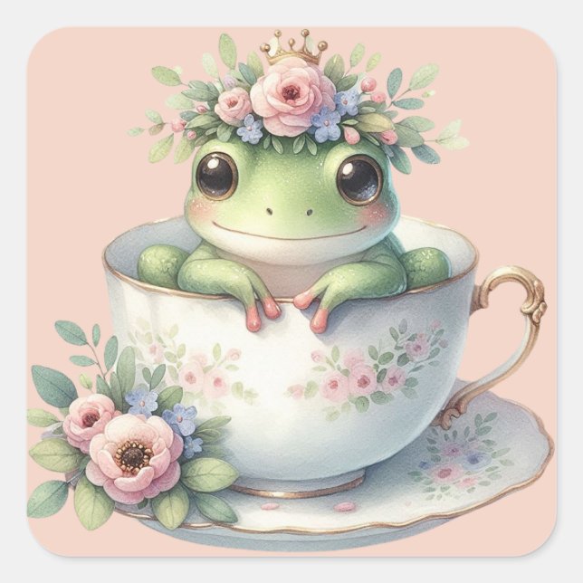 Whimsischer Frosch im Blumenkohl Quadratischer Aufkleber (Vorderseite)