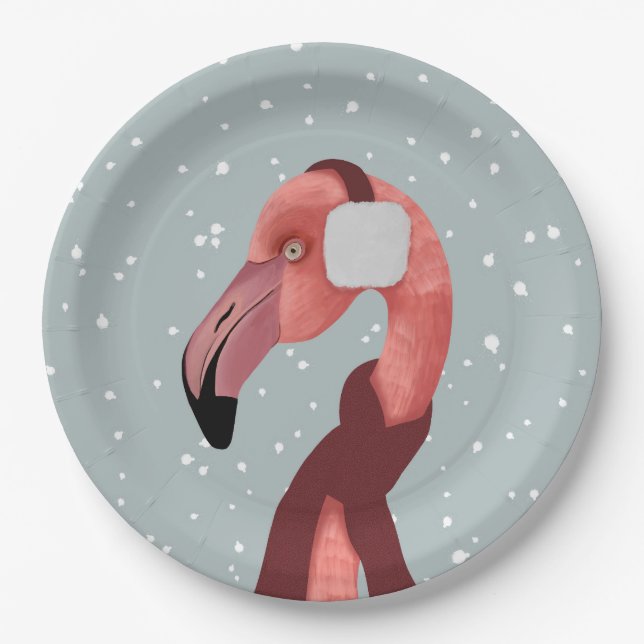Whimsischer, gemütlicher Winter Flamingo mit Scarf Pappteller (Vorderseite)