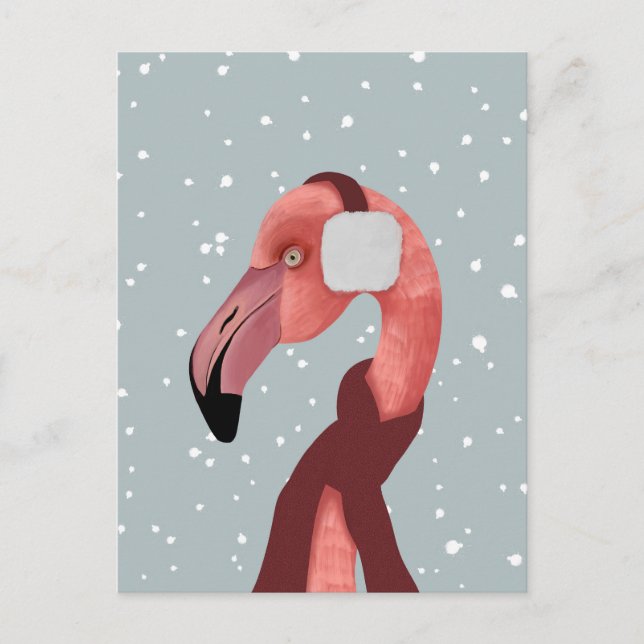 Whimsischer, gemütlicher Winter Flamingo mit Scarf Postkarte (Vorderseite)
