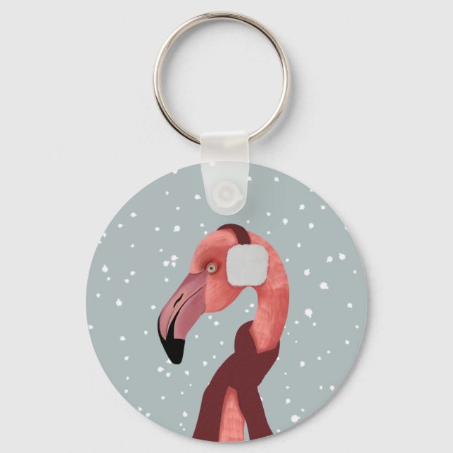 Whimsischer, gemütlicher Winter Flamingo mit Scarf Schlüsselanhänger (Vorderseite)
