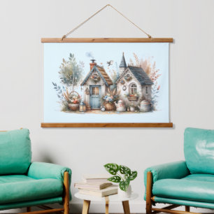Whimsischer Hütte Garden Wandteppich Mit Holzrahmen