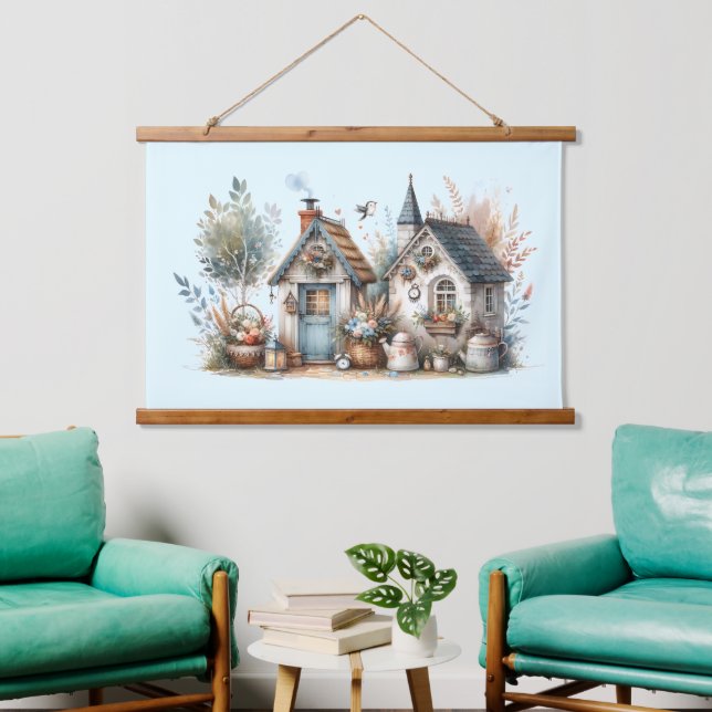 Whimsischer Hütte Garden Wandteppich Mit Holzrahmen (Wohnzimmer)