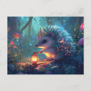 Whimsischer Igel und Laterne im verzauberten Wald Postkarte