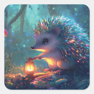 Whimsischer Igel und Laterne im verzauberten Wald Quadratischer Aufkleber