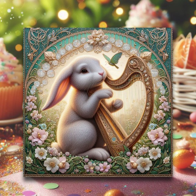 Whimsischer Jugendstil-Musiker Rabbit Osterfeier Feiertagskarte (Von Creator hochgeladen)