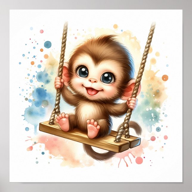 Whimsischer Jungle Baby Affe Kinderzimmer Wasserfa Poster (Vorne)