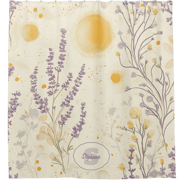 Whimsischer Lavendel und gelbes Blumenmuster Duschvorhang (Vorderseite)