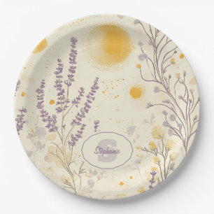 Whimsischer Lavendel und gelbes Blumenmuster Pappteller