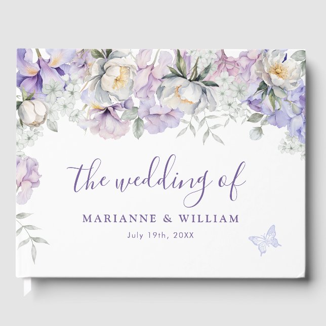 Whimsischer Lila floraler romantischer Hochzeitsta Gästebuch (Vorderseite)