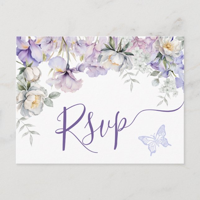 Whimsischer Lila floraler romantischer Hochzeitsta Postkarte (Vorderseite)