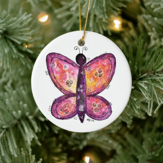 Whimsischer Lila Schmetterling Keramik Ornament (Baum)