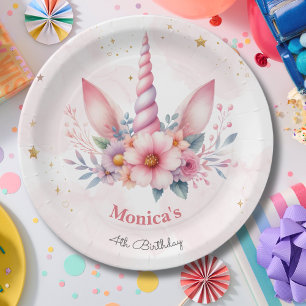 Whimsischer magischer rosa Einhornhorn Kindergebur Pappteller