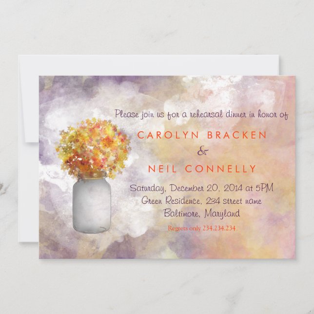 Whimsischer Masonjar / Gelbe Blumen Probe Abendess Einladung (Vorderseite)