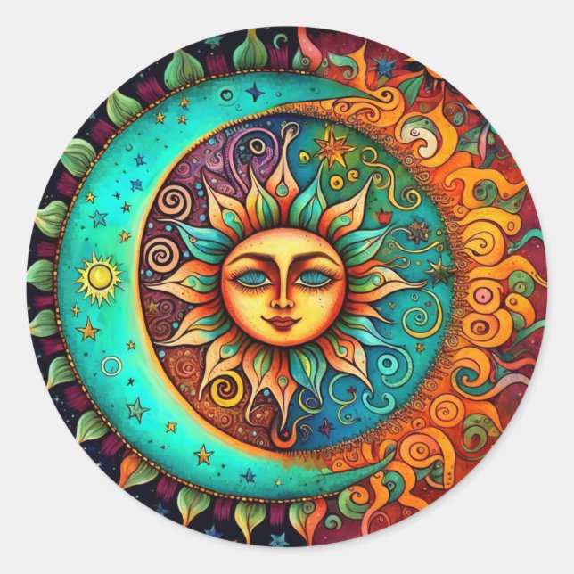 Whimsischer Mond und Sonne Runder Aufkleber (Vorderseite)