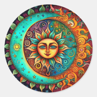Whimsischer Mond und Sonne Runder Aufkleber